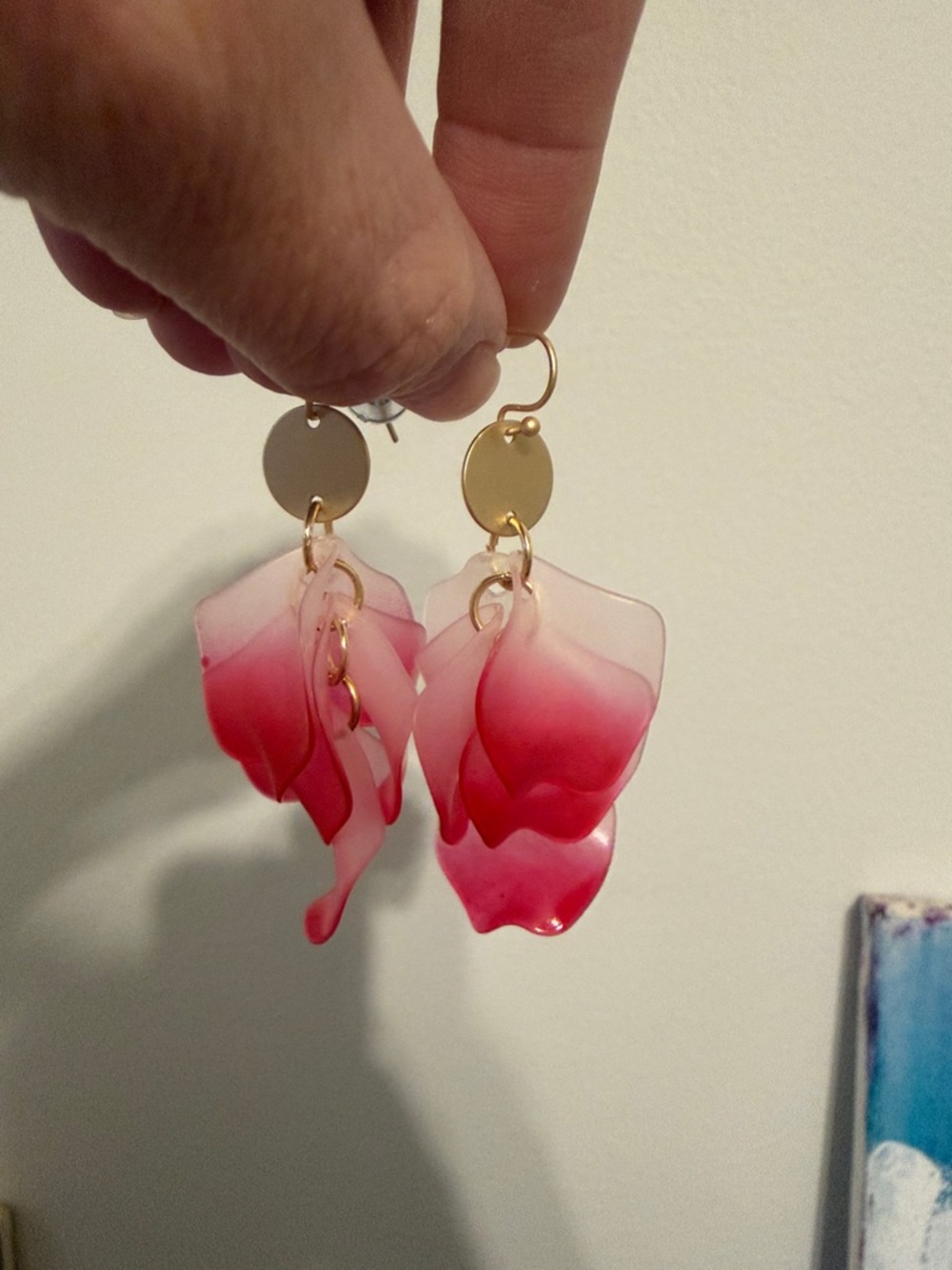 Gold Drop Pink Petal Dangle Earrings